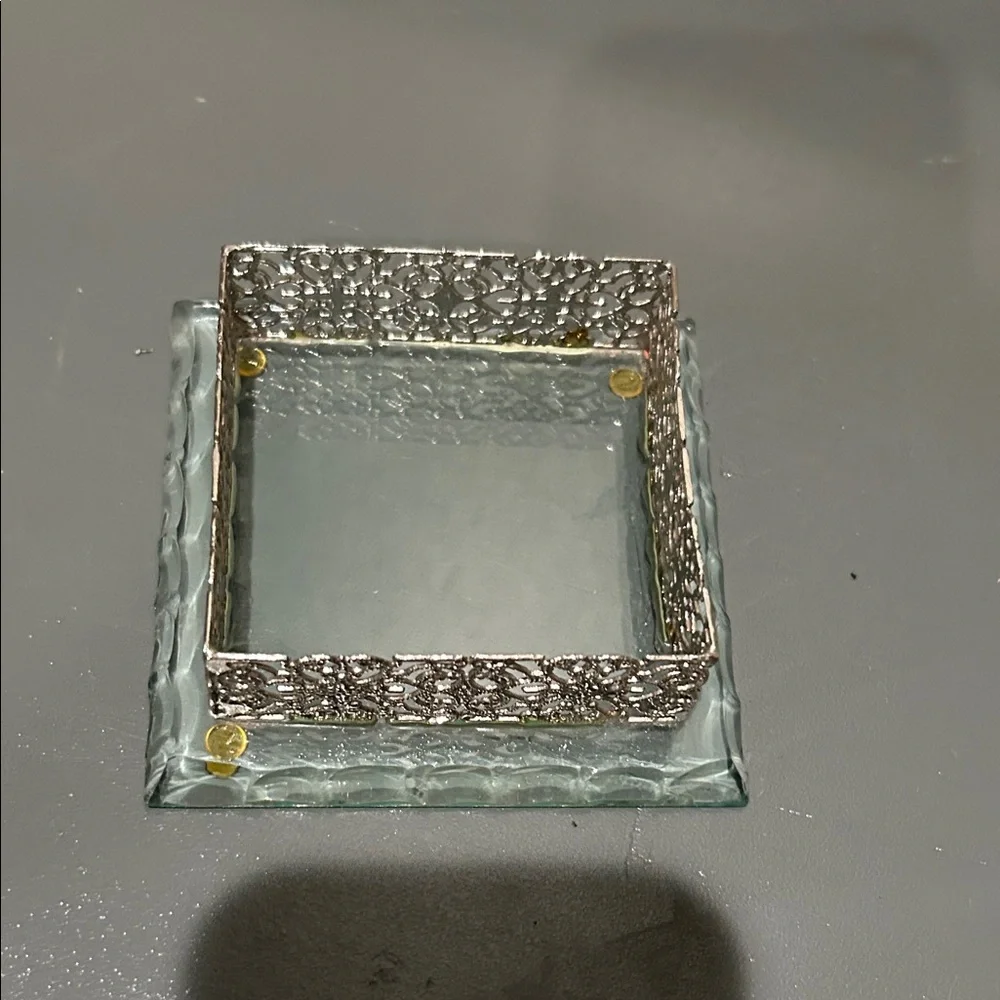Vintage Silver Tone Filigree Jewelry Tray with Green Glass Base